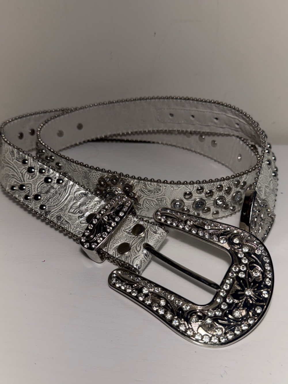 Blazin Roxx Western Silver Metallic Bling Belt Women's Large Rhinestones Cowgirl